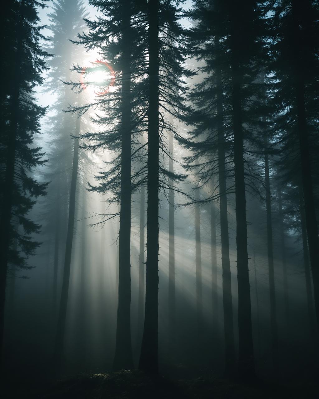 Misty evergreen landscape
